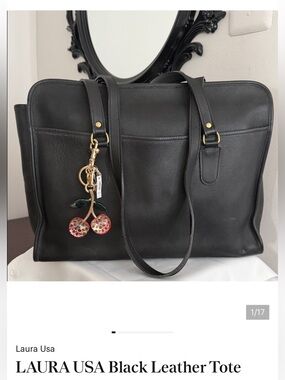 LAURA USA Black Leather Tote Bag with Gold harware
